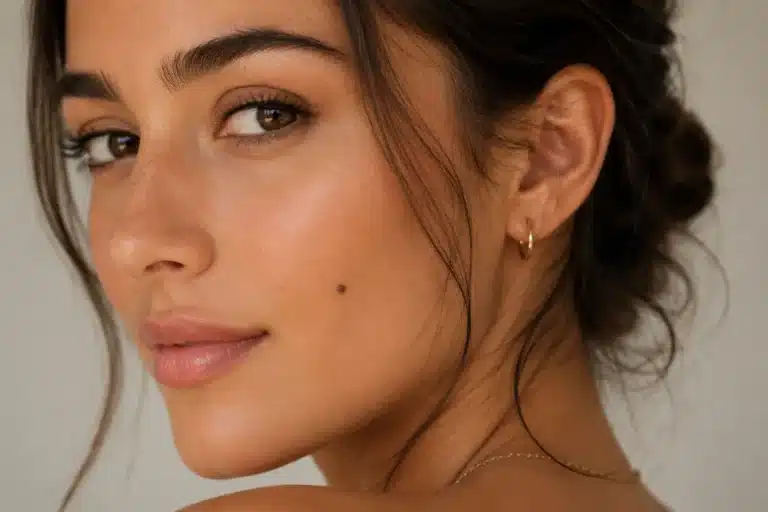 Portrait d’une femme élégante avec un grain de beauté discret sur le visage, éclairage doux et rendu naturel.